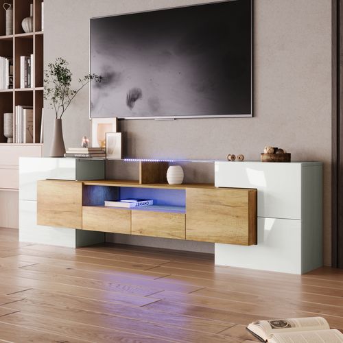 Meuble TV Moderne 200x35x60 Cm, Avec Éclairage LED, Blanc Brillant Et Couleur Bois