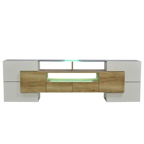 Meuble TV Moderne 200x35x60 Cm, Avec Éclairage LED, Blanc Brillant Et Couleur Bois