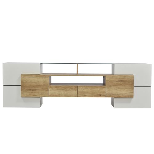Meuble TV Moderne 200x35x60 Cm, Avec Éclairage LED, Blanc Brillant Et Couleur Bois