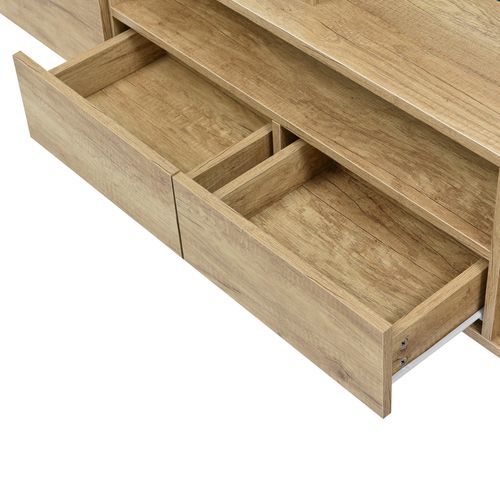 Meuble TV Moderne 200x35x60 Cm, Avec Éclairage LED, Blanc Brillant Et Couleur Bois