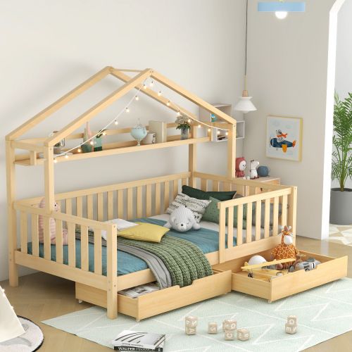 Lit Cabane 90x200 cm, Lit 1 Place, Lit Enfant Avec 2 Tiroirs, Barrière De Sécurité Pour Lit, En Bois