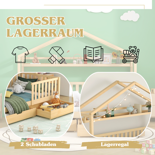 Lit Cabane 90x200 cm, Lit 1 Place, Lit Enfant Avec 2 Tiroirs, Barrière De Sécurité Pour Lit, En Bois