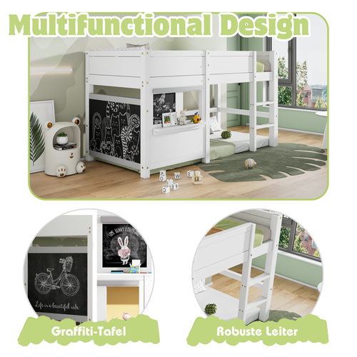 Lit Superposé 90x200 cm, Lit Enfant, Avec 2 Planches, Avec Petite Étagère, Bois, Blanc