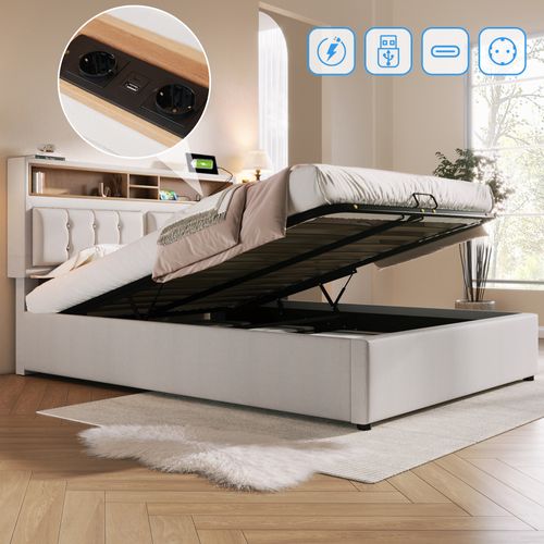Lit Coffre Adulte 160x200 Cm Avec USB-c, Rangement, Lattes En Bois, Tête Réglable, Lin Beige