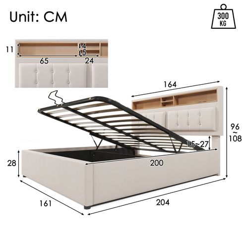 Lit Coffre Adulte 160x200 Cm Avec USB-c, Rangement, Lattes En Bois, Tête Réglable, Lin Beige