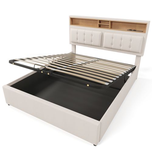 Lit Coffre Adulte 160x200 Cm Avec USB-c, Rangement, Lattes En Bois, Tête Réglable, Lin Beige