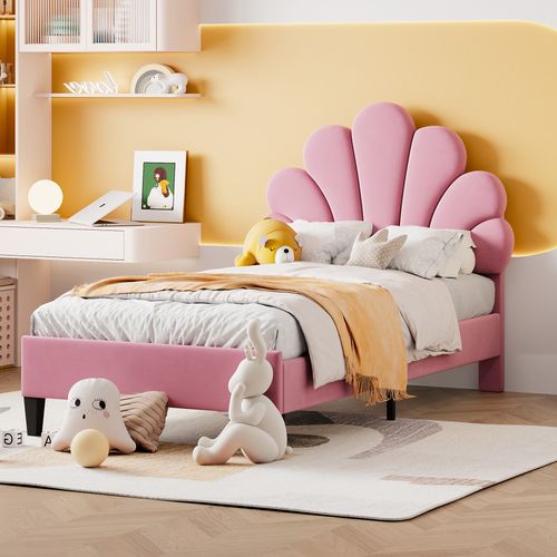 Lit Enfant 90x200 Cm, Design Fleuri En Velours Doux Avec Sommier à Lattes - Lit Fille