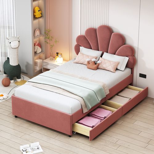 Lit Enfant 90x200 Cm, Tête De Lit Fleurie, 2 Tiroirs De Rangement, Velours Doux Rose