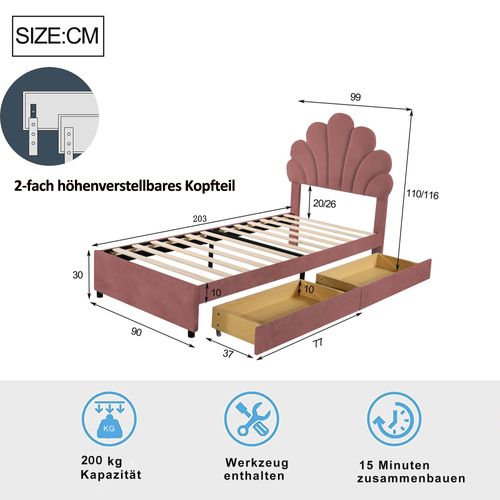 Lit Enfant 90x200 Cm, Tête De Lit Fleurie, 2 Tiroirs De Rangement, Velours Doux Rose