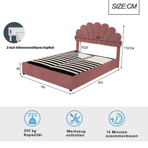 Lit Coffre Enfant 140x200 Cm, Tête Fleurie Réglable, Espace De Rangement, Velours Rose