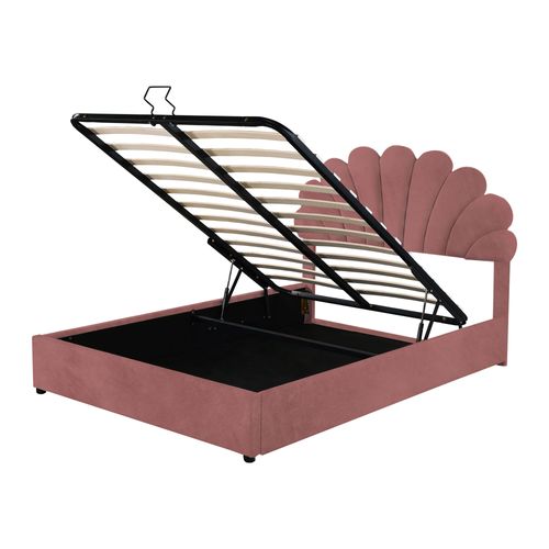 Lit Coffre Enfant 140x200 Cm, Tête Fleurie Réglable, Espace De Rangement, Velours Rose