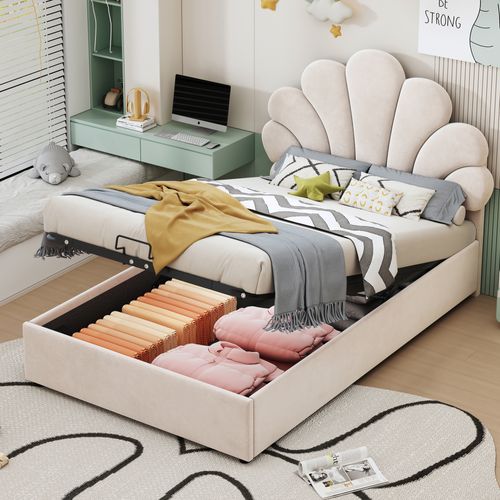 Lit Coffre Enfant 90x200 Cm, Tête Fleurie Réglable, Rangement Hydraulique, Velours Beige