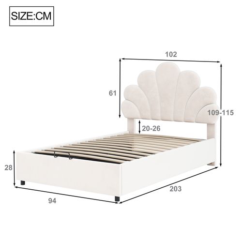 Lit Coffre Enfant 90x200 Cm, Tête Fleurie Réglable, Rangement Hydraulique, Velours Beige