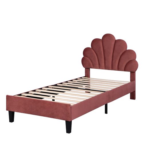 Lit Enfant 90x200 Cm Rembourré, Tête Fleurie, Velours Rose, Rangement Hydraulique