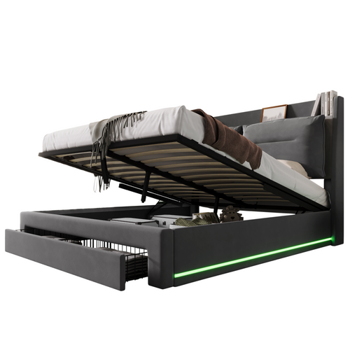Lit Coffre Adulte 160x200 Cm Gris,led, Hydraulique, Avec Tiroirs De Rangement, Velours