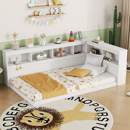 Lit Enfant 90x200 Cm, Banquette-lit Avec Prise Et USB Et Compartiment De Rangement, Blanc