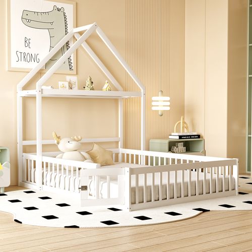 Lit Enfant 140x200 Cm En Bois, Avec Étagère De Rangement, Barrière De Sécurité Et Portes, Beige