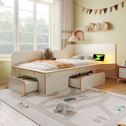 Lit Enfant 90x200 Cm Avec USB Type-c, Tiroirs De Rangement, Blanc