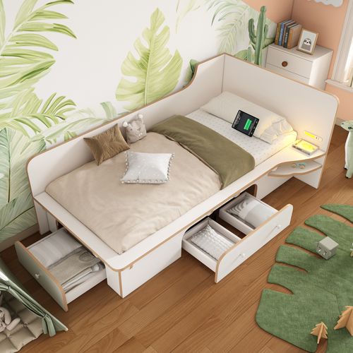 Lit Enfant 90x200 Cm Avec USB Type-c, Tiroirs De Rangement, Blanc