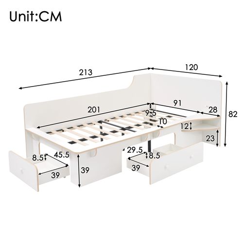 Lit Enfant 90x200 Cm Avec USB Type-c, Tiroirs De Rangement, Blanc