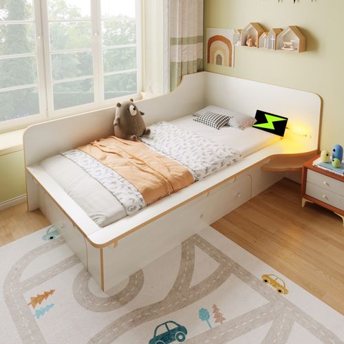Lit Enfant 90x200 Cm Avec USB Type-c, Tiroirs De Rangement, Blanc