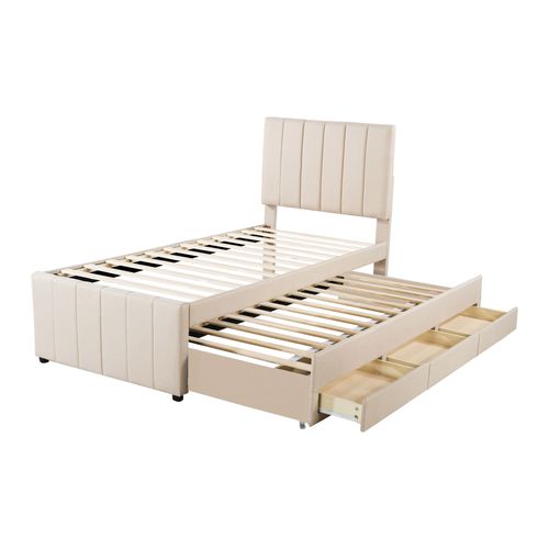 Lit Enfant 90x200 Cm Avec Tiroir Lit Et Rangements, Revêtement En Lin Respirant, Beige