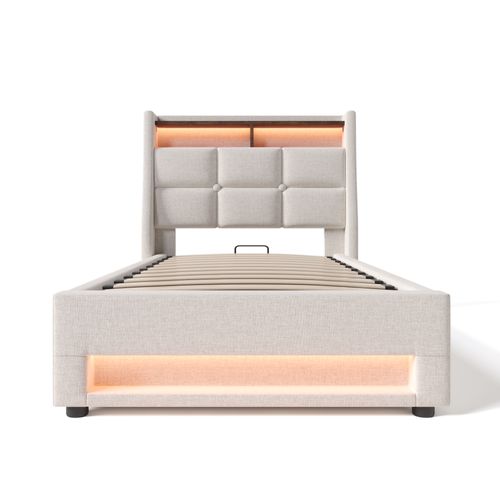 Lit Coffre 90x200 cm, lit Enfant avec rangement, Avec Étagère, LED, USB, Lin, Beige