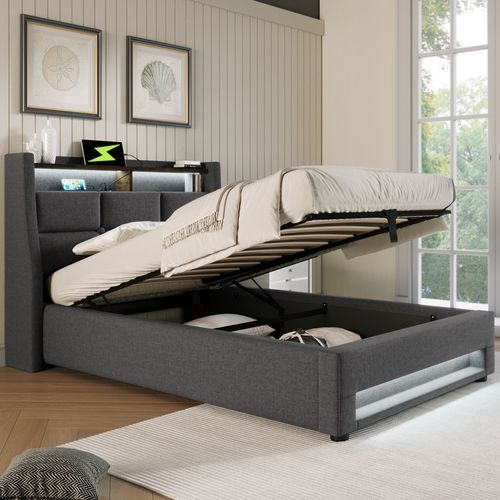 Lit Coffre 90x200 cm, lit Enfant avec rangement, Avec Étagère, LED, USB, Lin, Gris