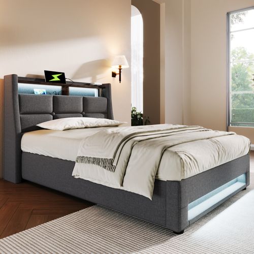 Lit Coffre 90x200 cm, lit Enfant avec rangement, Avec Étagère, LED, USB, Lin, Gris