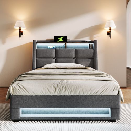 Lit Coffre 90x200 cm, lit Enfant avec rangement, Avec Étagère, LED, USB, Lin, Gris