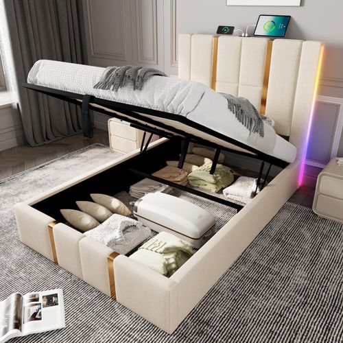 Lit Coffre 90x200 cm, Lit enfant avec rangement, Avec LED, USB, Type-c, En Lin, Beige