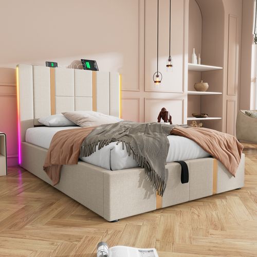 Lit Coffre 90x200 cm, Lit enfant avec rangement, Avec LED, USB, Type-c, En Lin, Beige