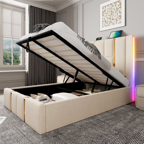 Lit Coffre 90x200 cm, Lit enfant avec rangement, Avec LED, USB, Type-c, En Lin, Beige