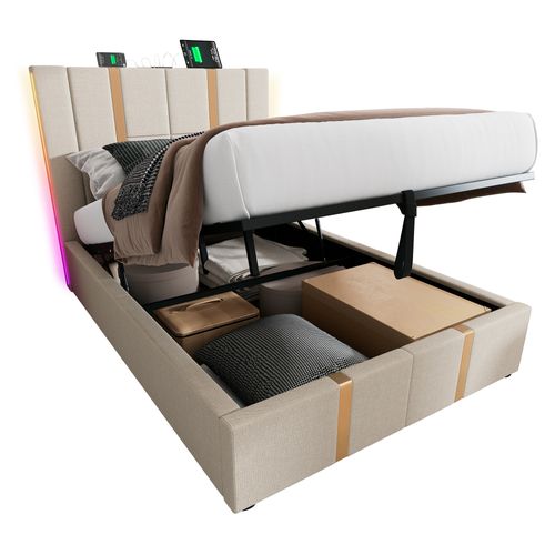 Lit Coffre 90x200 cm, Lit enfant avec rangement, Avec LED, USB, Type-c, En Lin, Beige