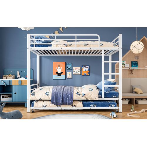 Lit Superposé Enfant 90x200 Cm, Avec Un Lit Gigogne 90x190 Cm En Bas, En Fer, Blanc