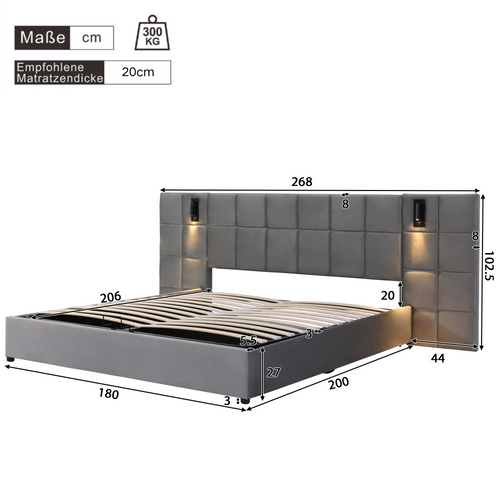 Lit Adulte Lit Coffre Rembourré 180x200cm, Avec Éclairage Et Recharge USB, Velours Gris