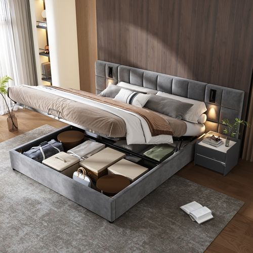 Lit Adulte Lit Coffre Rembourré 180x200cm, Avec Éclairage Et Recharge USB, Velours Gris