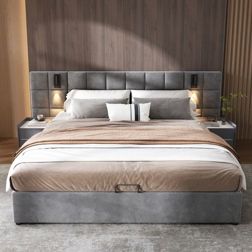 Lit Adulte Lit Coffre Rembourré 180x200cm, Avec Éclairage Et Recharge USB, Velours Gris