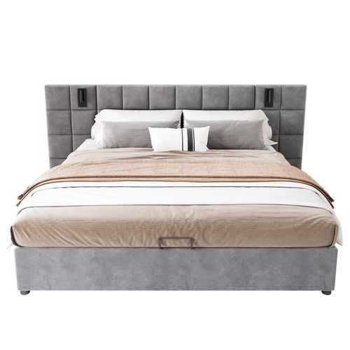 Lit Adulte Lit Coffre Rembourré 180x200cm, Avec Éclairage Et Recharge USB, Velours Gris