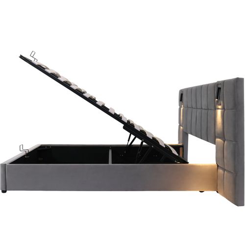 Lit Adulte Lit Coffre Rembourré 180x200cm, Avec Éclairage Et Recharge USB, Velours Gris