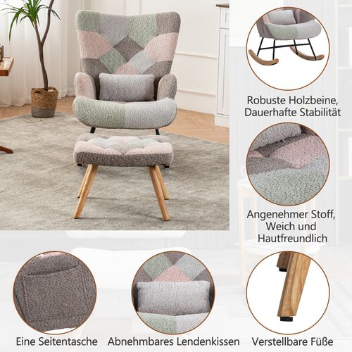 Chaise à Bascule, Rocking-chair Avec Repose-pieds Et Coussin Lombaire, Design Multicolore