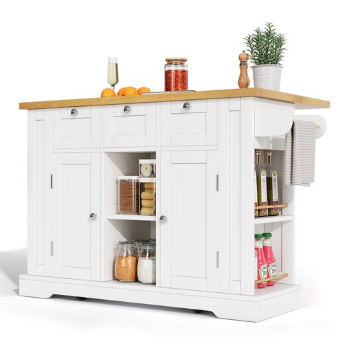 Buffet De Cuisine 132x40/70x 87cm, Plan De Travail Rabattable, Mdf, Blanc + Naturel
