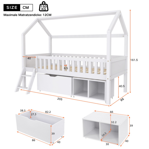 Lit Enfant Cabane 90x200 Cm Avec Tiroirs Et Compartiment De Rangement, Blanc