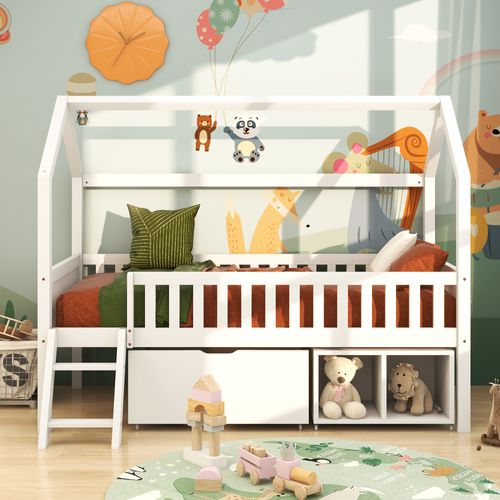 Lit Enfant Cabane 90x200 Cm Avec Tiroirs Et Compartiment De Rangement, Blanc