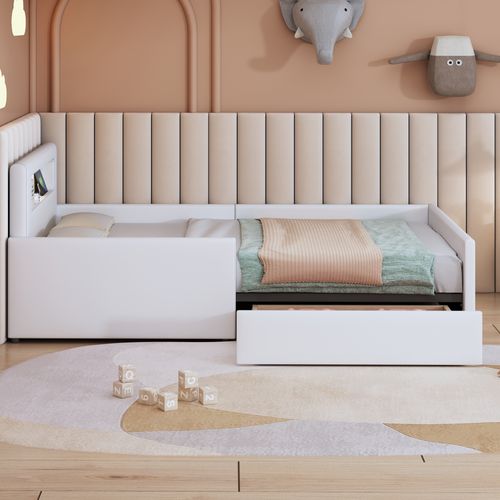 Lit Enfant 90x200 Cm Avec LED Et USB, Tiroirs De Rangements, Cuir, Blanc