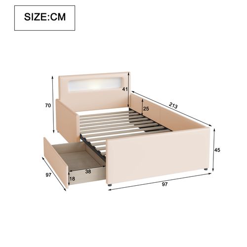 Lit Enfant 90x200 Cm Avec LED Et USB, Tiroirs De Rangements, Cuir, Beige