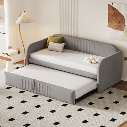 Lit enfant 90/180 X 190 Cm Gris En Lin , Canapé-lit, Avec Lattes Et Design Rayé Élégant