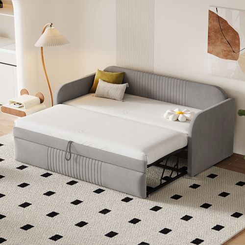 Lit enfant 90/180 X 190 Cm Gris En Lin , Canapé-lit, Avec Lattes Et Design Rayé Élégant