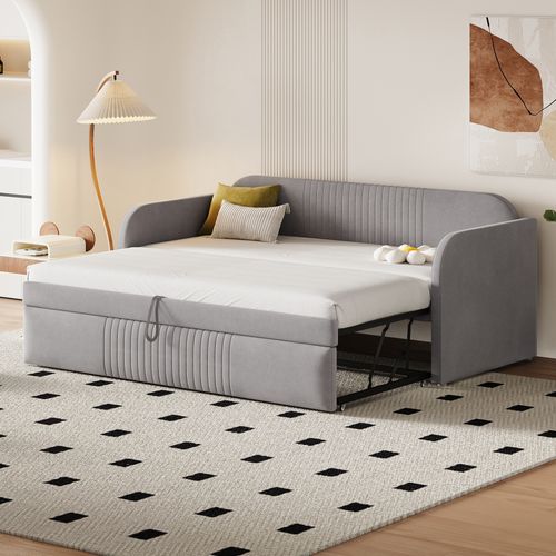 Lit enfant 90/180 X 190 Cm Gris En Lin , Canapé-lit, Avec Lattes Et Design Rayé Élégant