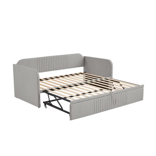 Lit enfant 90/180 X 190 Cm Gris En Lin , Canapé-lit, Avec Lattes Et Design Rayé Élégant